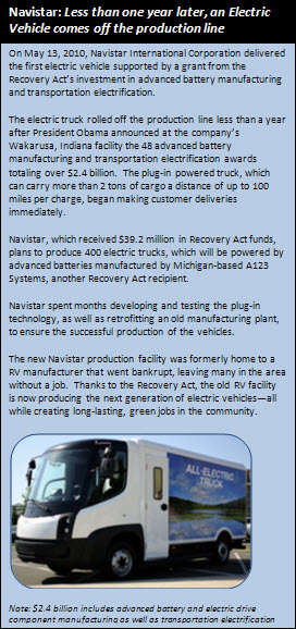 On May 13, 2010, Navistar International Corporation delivered the first electric vehicle supported by a grant from the Recovery Act’s investment in advanced battery manufacturing and transportation electrification.