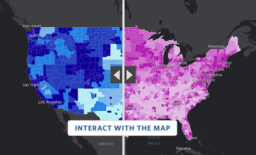 Interact with the ESRI map that helps show the digital divide in the US with visualizations of home internet subscriptions against household income