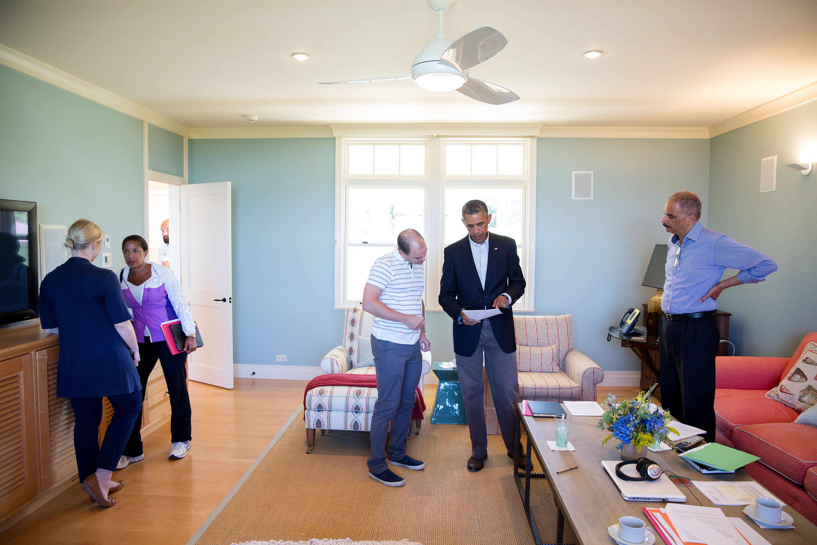 Massachusetts, Aug. 14, 2014. Discussing the situation in Ferguson, Missouri, while on vacation in Martha's Vineyard. (Official White House Photo by Pete Souza)