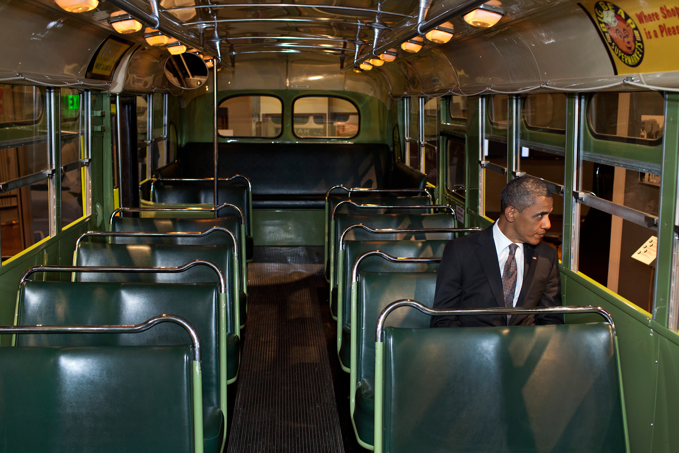 Michigan, April 18, 2012. Sitting on the famed Rosa Parks bus at the Henry Ford Museum in Dearborn. (Official White House Photo by Pete Souza)