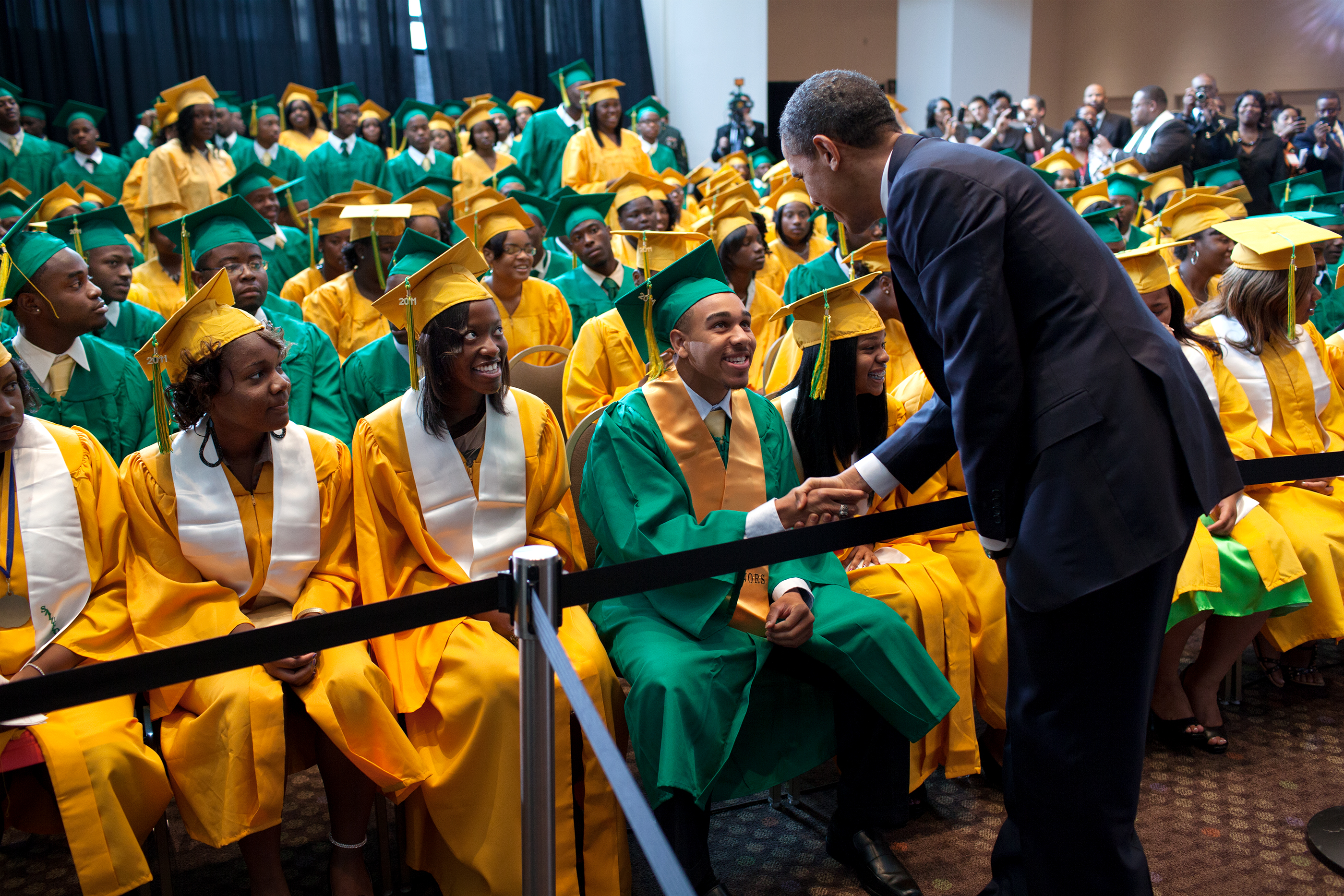 Tennessee, May 16, 2011. Shaking hands with Booker T. Washington students before their commencement ceremony in Memphis. (Official White House Photo by Pete Souza)