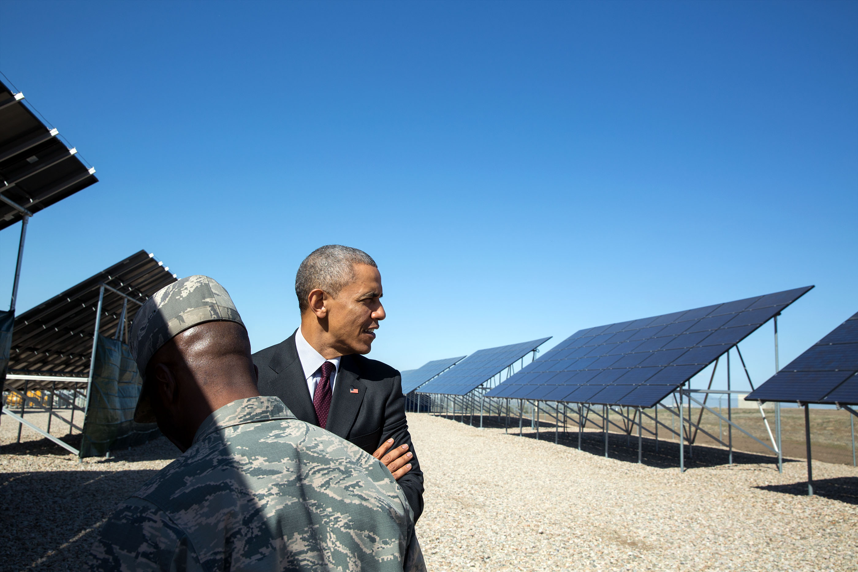 Utah, April 3, 2015. Viewing solar panels at Hill Air Force Base. (Official White House Photo by Pete Souza)