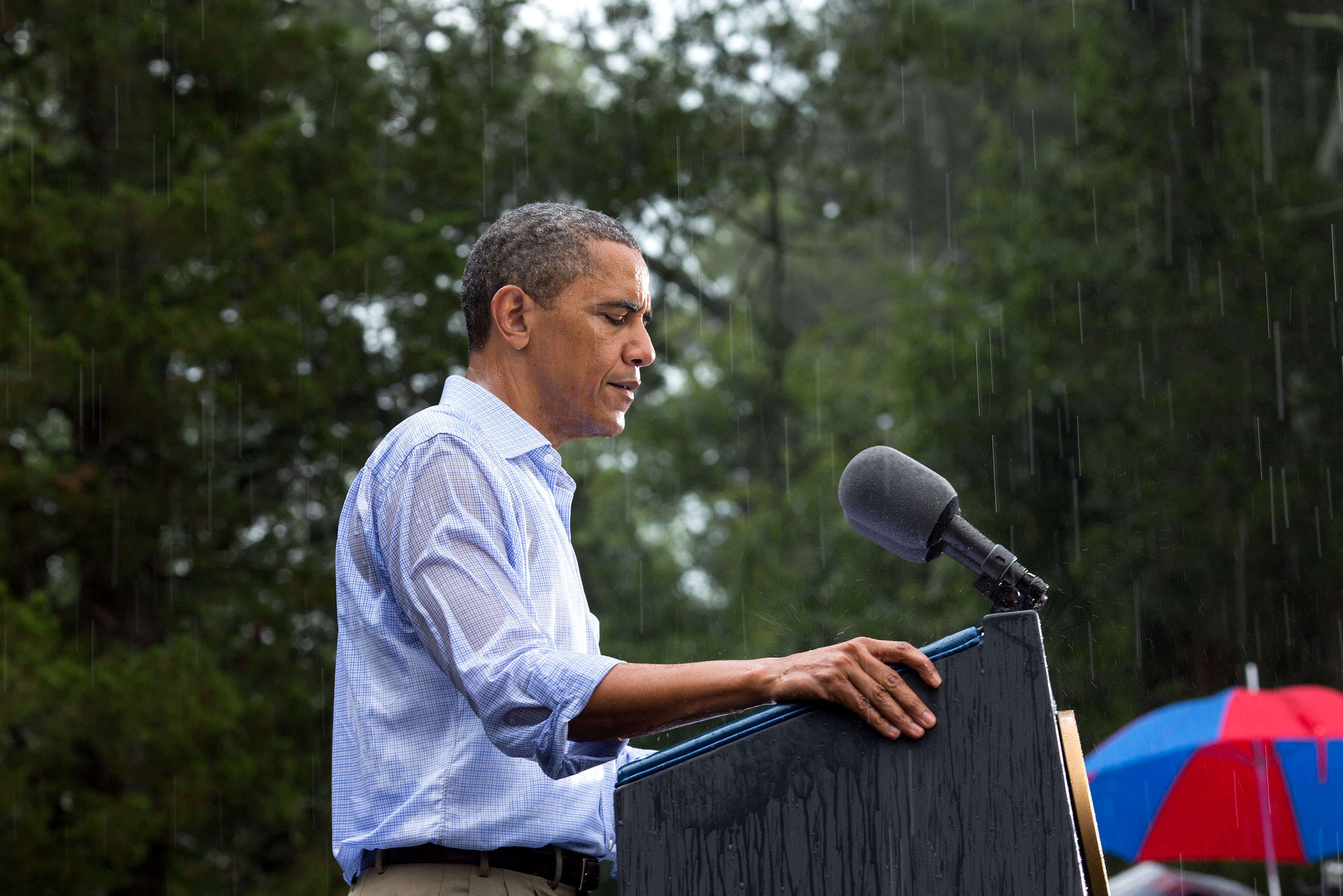 Virginia, July 14, 2012. Speaking during a rainstorm in Glen Allen. (Official White House Photo by Pete Souza)