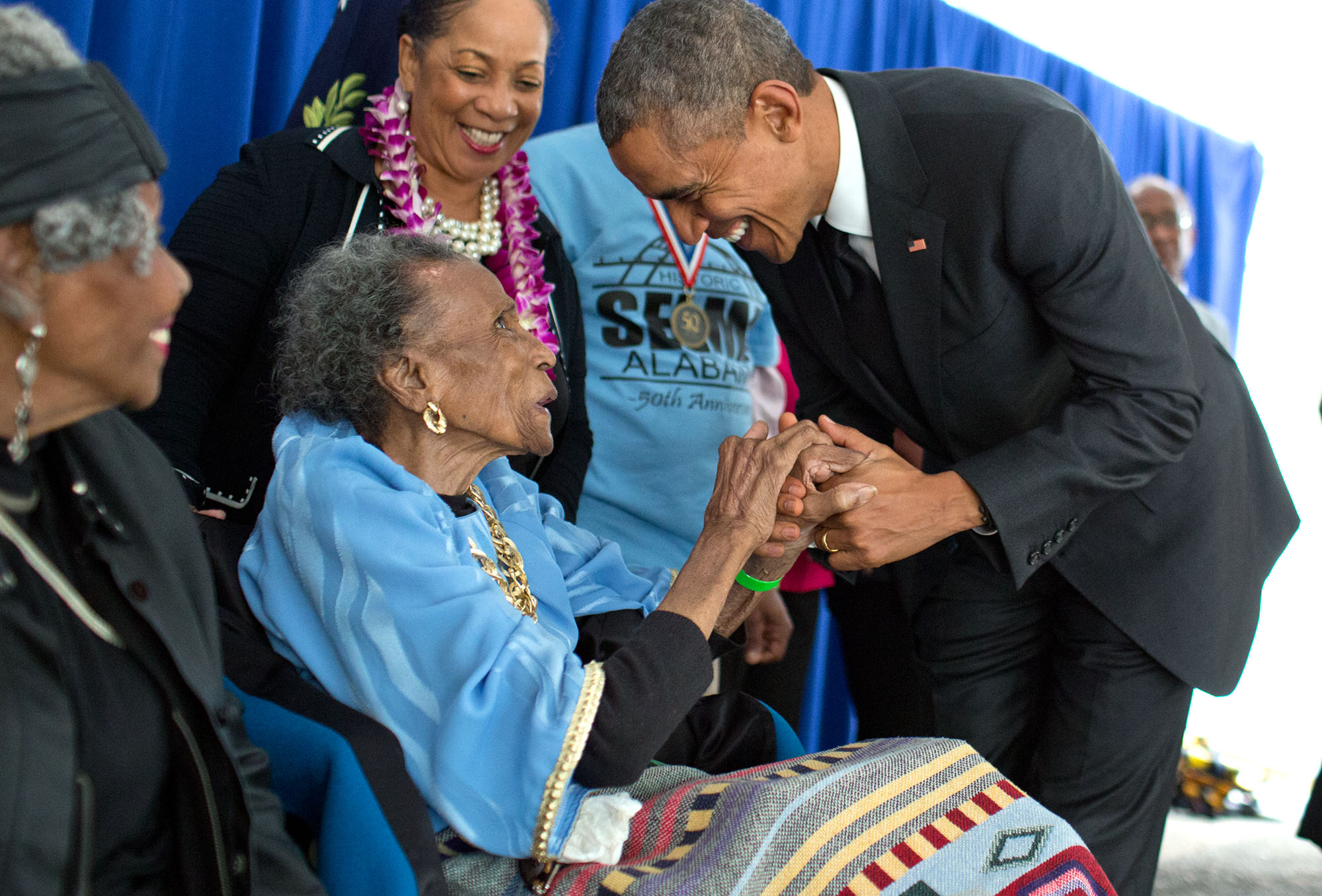 In Selma, the President greets former foot soldier Amelia Boynton Robinson, 103 years old, backstage before the ceremony. (Official White House Photo by Pete Souza)