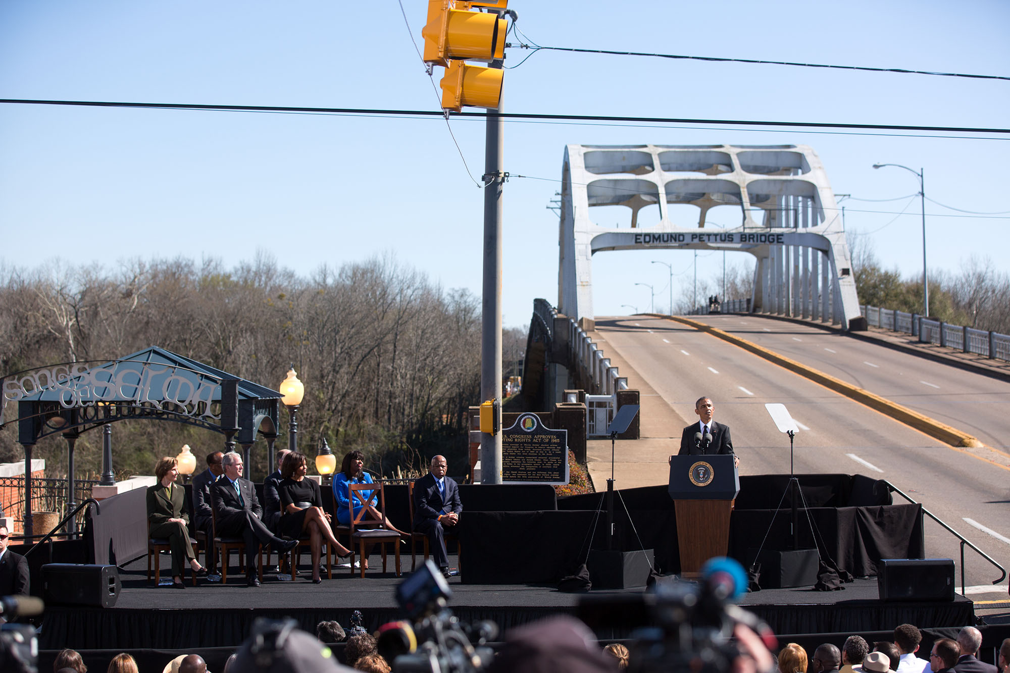 President Obama delivers remarks at the foot of the Edmund Pettus Bridge (Official White House Photo by Lawrence Jackson)