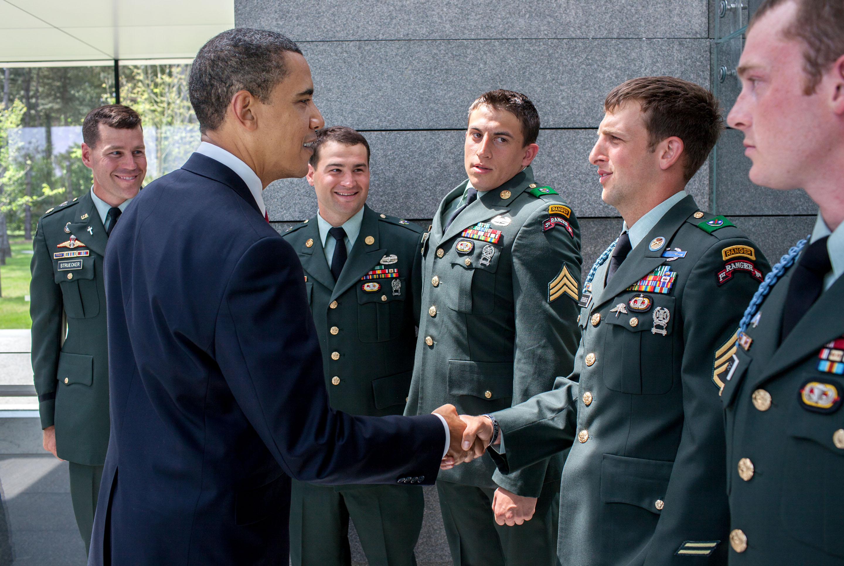 June 6, 2009: President Obama greets Cory Remsburg and other Army Rangers in Normandy. (Official White House Photo by Pete Souza)