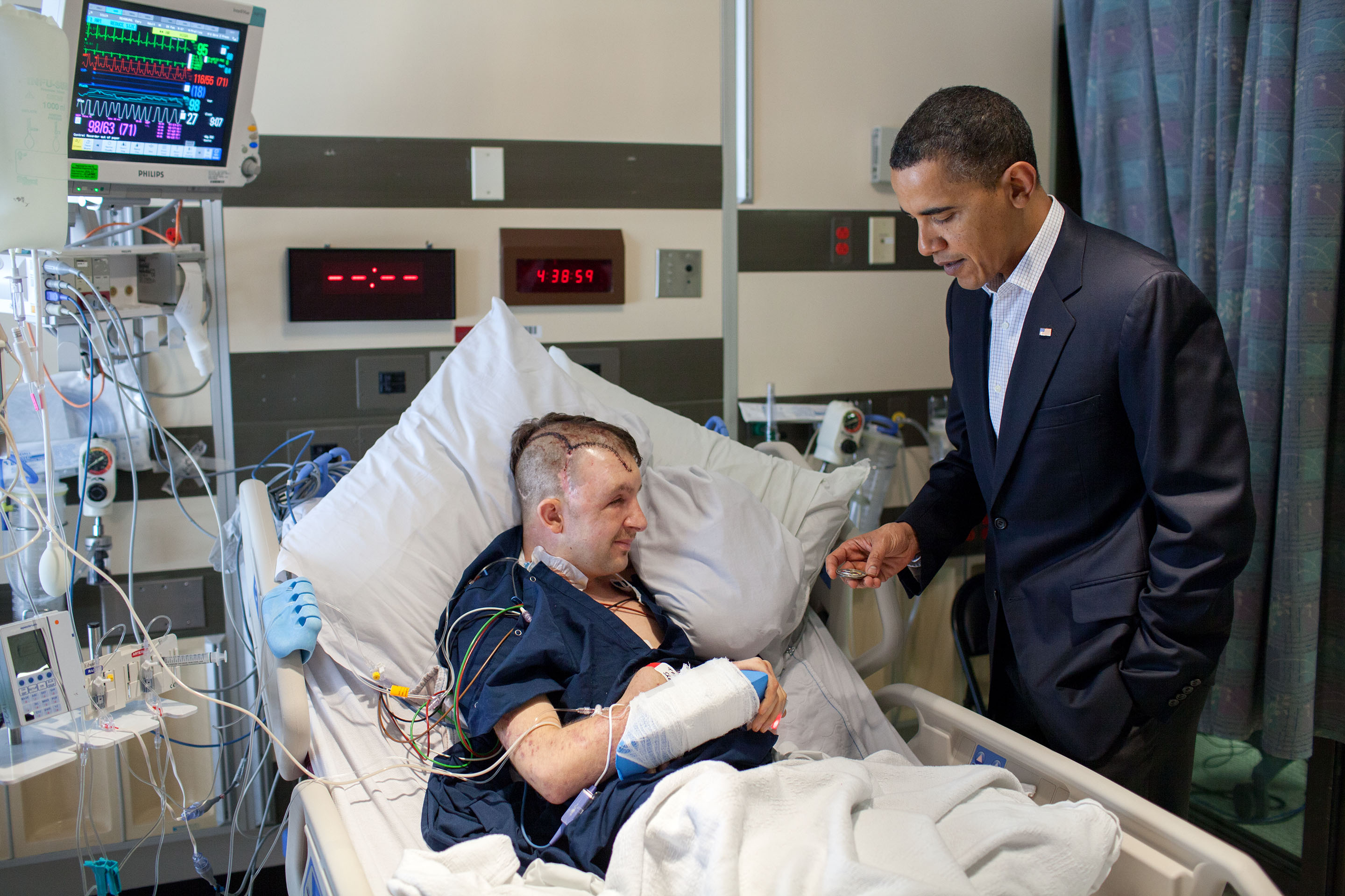 Feb. 28, 2010: President Obama visits Cory Remsburg at the National Naval Medical Center in Bethesda, Md. (Official White House Photo by Pete Souza)