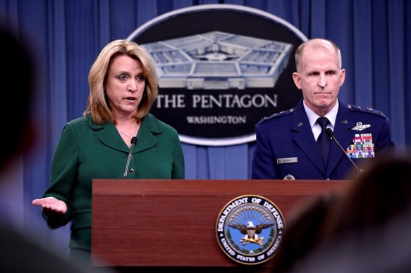 Secretary of the Air Force Deborah Lee James and Lt. Gen. Stephen Wilson provide an update, Jan. 30, 2014, in the Pentagon, on the investigation of compromised test materials at Malmstrom Air Force Base, Mont. 