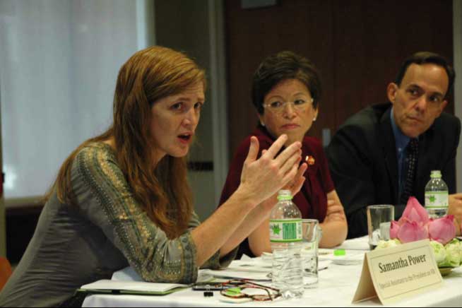 Samantha Power, Valerie Jarrett, and Ambassador William E. Todd meet with Cambodian human rights organizations