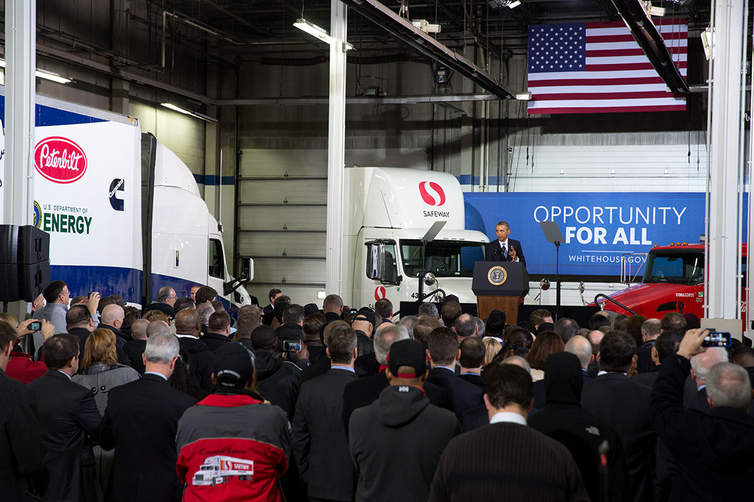 President Barack Obama delivers remarks on improving the fuel efficiency of American trucks, at the Safeway Distribution Center