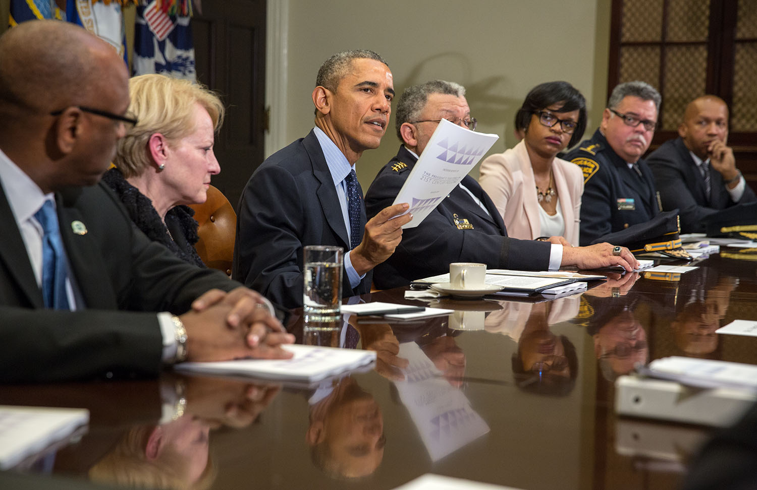 President Obama speaks to the press after a meeting with members of the Task Force on 21st Century Policing