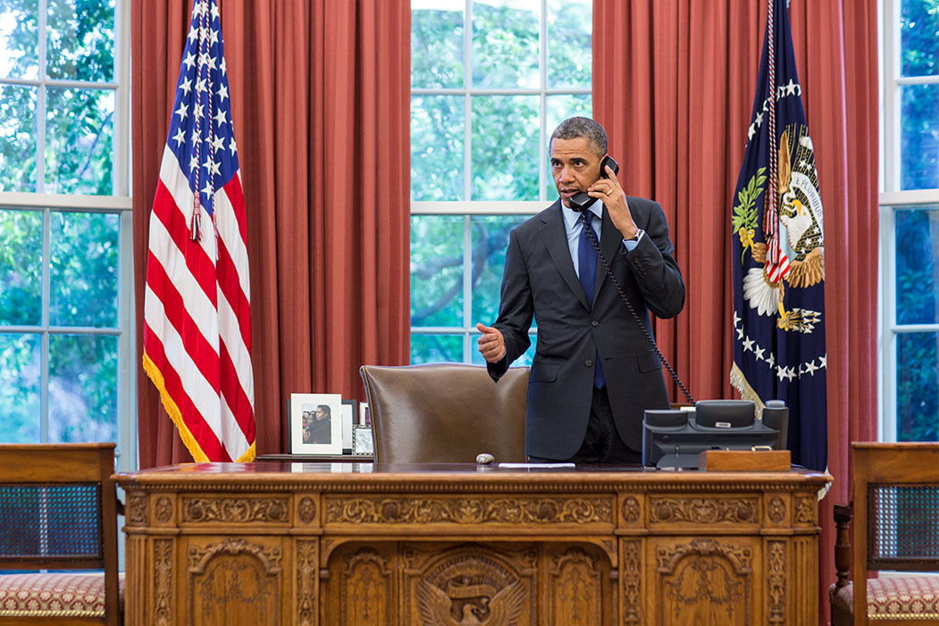 President Obama Talks On The Phone With Governor Fallin