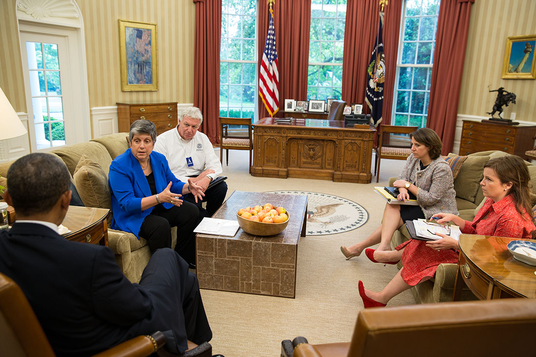 President Barack Obama receives a briefing on the ongoing response to the devastating tornadoes and severe weather that impacted Oklahoma