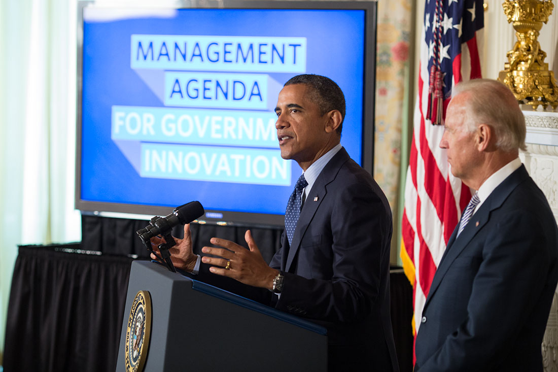 President Barack Obama, with Vice President Joe Biden, delivers a statement on management agenda
