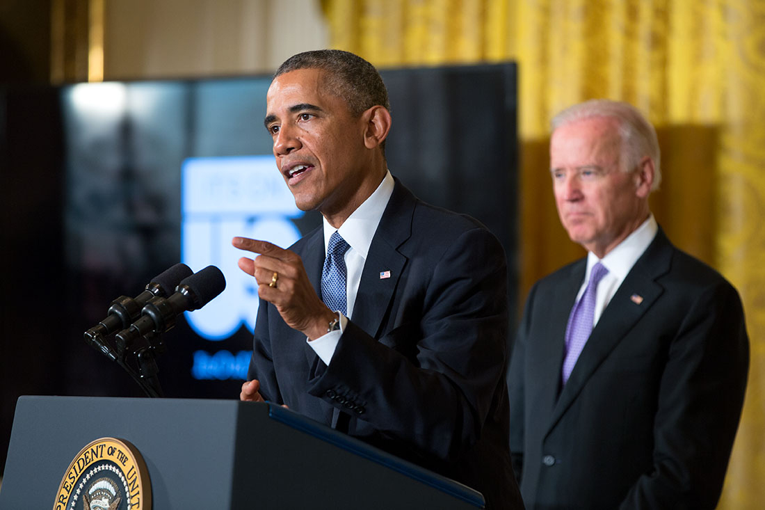 President Barack Obama, with Vice President Joe Biden, delivers remarks at an event to launch the 