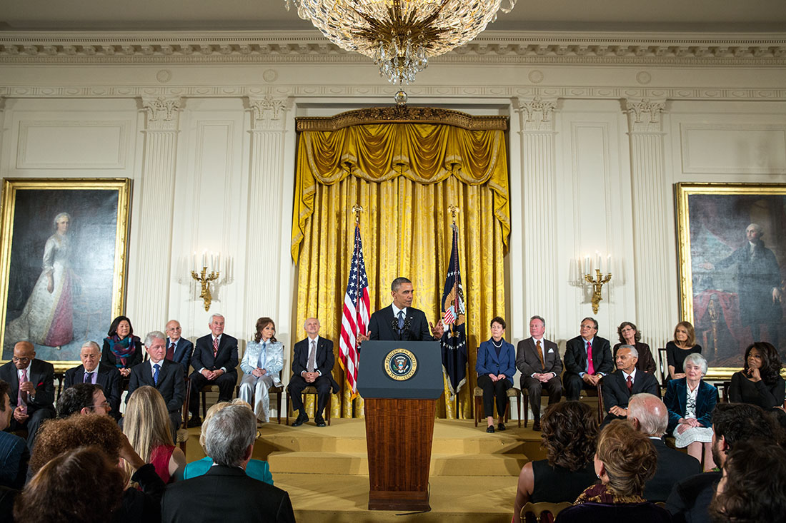 President Barack Obama delivers remarks and awards the 2013 Presidential Medal of Freedom to honorees during a ceremony in the East Room of the White House