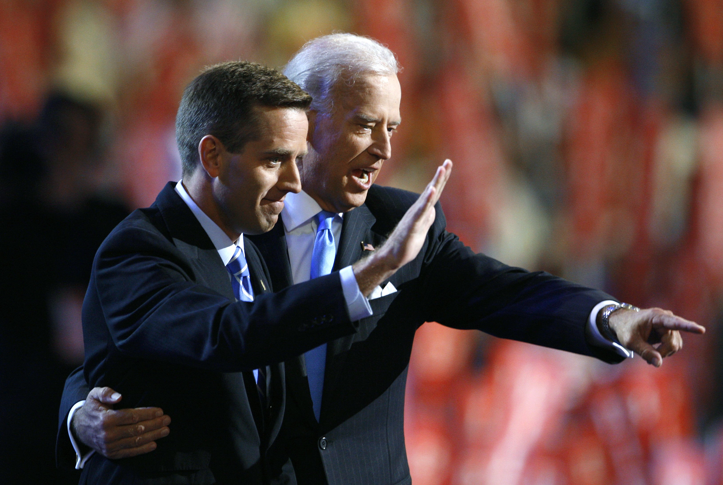 Vice Presidential candidate Joe Biden and his son Beau Biden on stage together at the 2008 Democratic National Convention in Denver