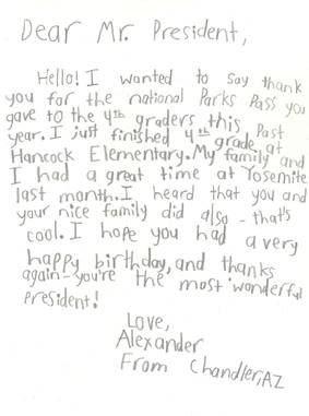 lexander from Arizona, sent a letter to the President thanking him for a great year in 4th grade 