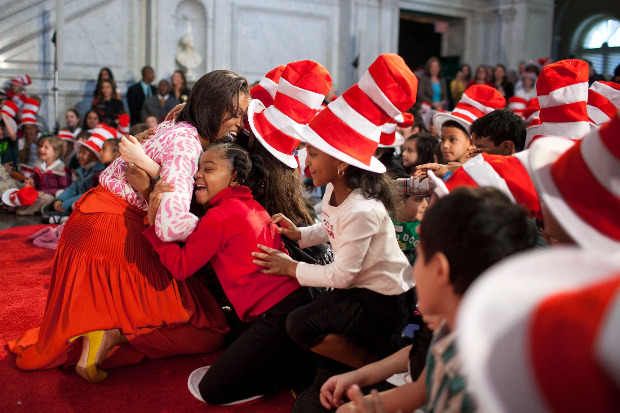 March 2, 2011. With students after reading “Green Eggs and Ham” by Dr. Seuss at the Library of Congress. (Official White House Photo by Chuck Kennedy)