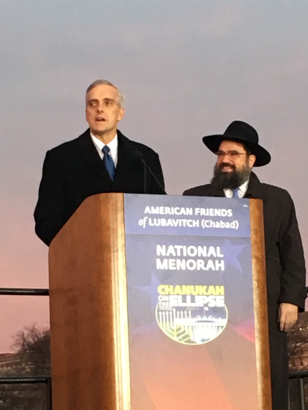 Chief of Staff Denis McDonough lights the national menorah at Chanukkah on the Ellipse