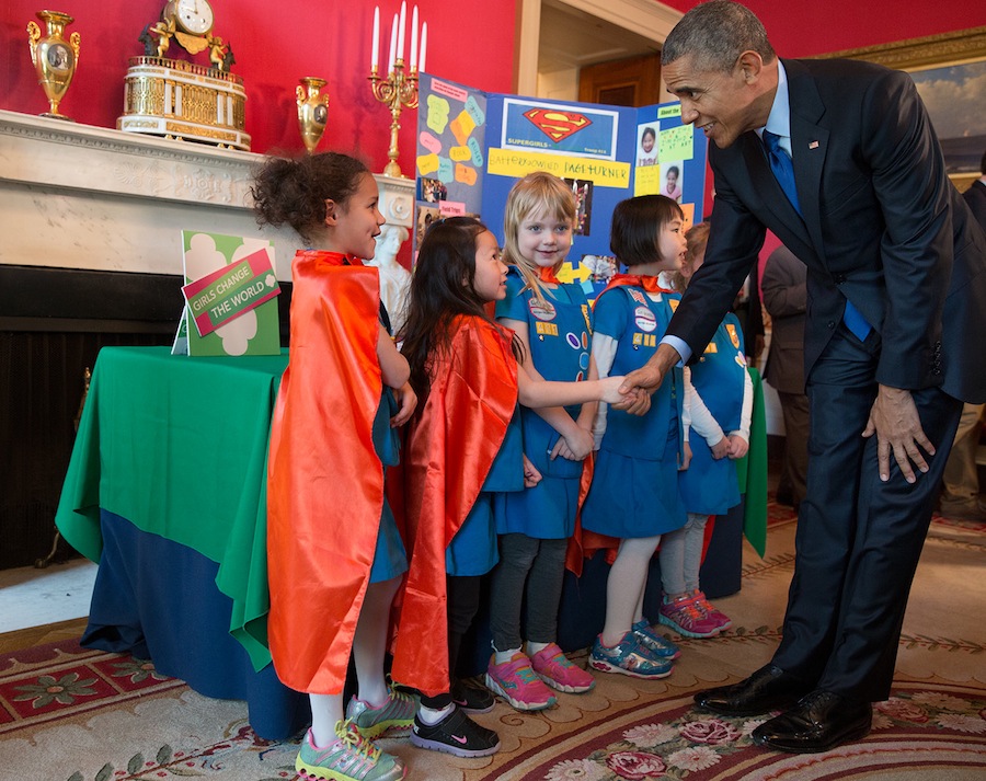 President Barack Obama greets six-year-old Girl Scouts, from Tulsa, Oklahoma