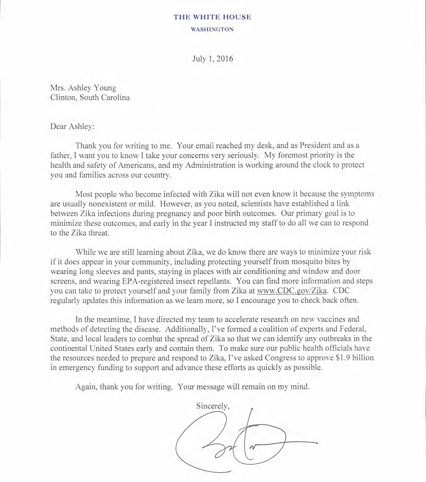 President Obama's response to Ashley on Zika