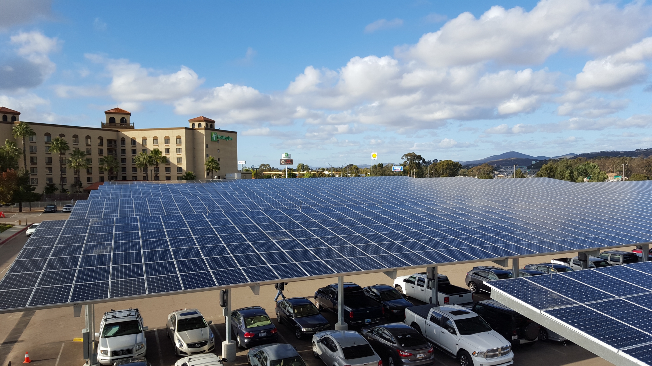 A 936 KW solar carport array installed on a Federal Aviation Administration compound in California through a performance contract with a local utility company.