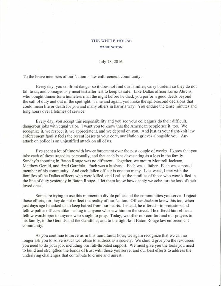 President's letter to law enforcement