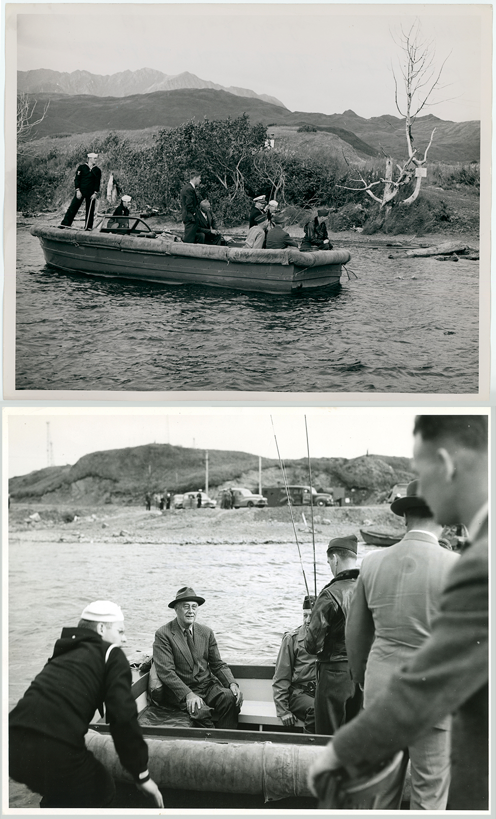 two images of President Franklin D. Roosevelt in Alaska in 1944
