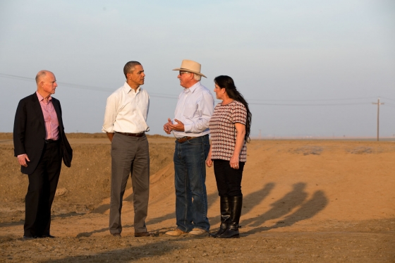 President Barack Obama tours a field with farmer Joe Del Bosque, his wife Maria, and California Gov. Jerry Brown in Los Banos, Calif., Feb. 14, 2014.