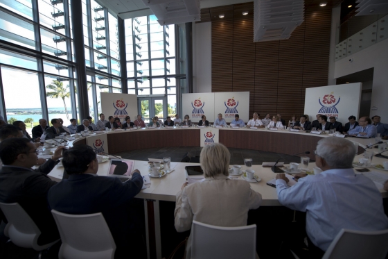 Secretary of Defense Chuck Hagel hosts a roundtable meeting with defense ministers from the Association of South East Asian Nations in Honolulu, Hawaii, April 2, 2014.