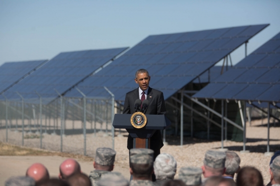 President Obama delivers remarks in front of a solar array at Hill Air Force Base in Layton, Utah