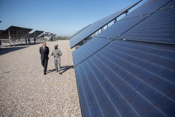 President Obama, with Col. Ronald E. Jolly,  Commander, 75th Air Base Wing, tours the solar array at Hill Air Force Base in Layton, Utah