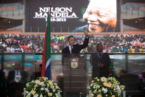 President Obama speaks at the memorial service for Nelson Mandela in Soweto, South Africa
