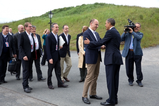President Barack Obama greets Italy Prime Minister Enrico Letta at the G8 Summit in Lough Erne