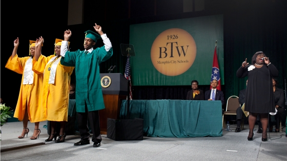 President Barack Obama Watches a Performance at the Booker T. Washington High School Commencement Ceremony