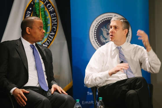 Secretary of Education Arne Duncan talks with Secretary of Transportation Secretary Anthony Foxx