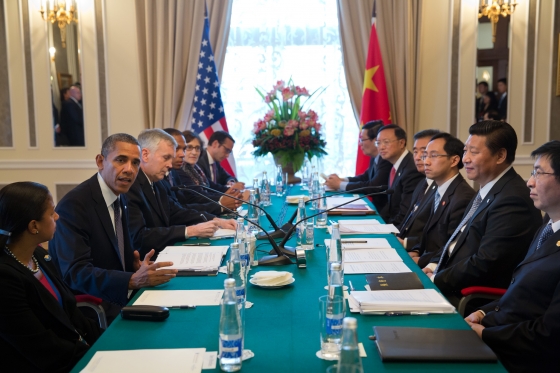 President Barack Obama, with China's President Xi Jinping, delivers remarks