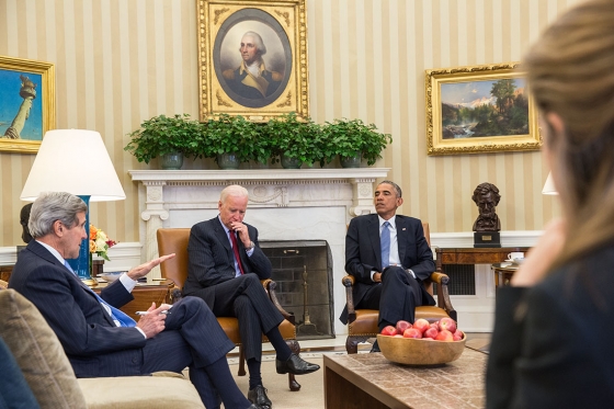 President Obama meets with Vice President Biden and Secretary of State Kerry in the Oval Office