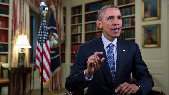 President Barack Obama tapes the Weekly Address in the Library of the White House, Feb. 27, 2015