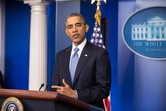 President Barack Obama delivers remarks on the situation in Ukraine, in the James S. Brady Press Briefing Room of the White House