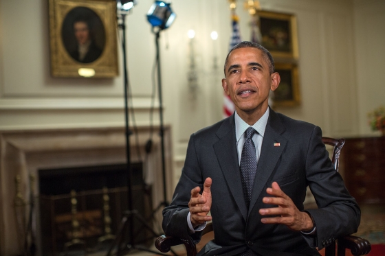 President Barack Obama tapes the Weekly Address in the Map Room of the White House, March 27, 2015