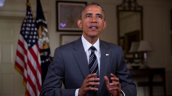 President Barack Obama tapes the Weekly Address in the Map Room of the White House, May 7, 2015