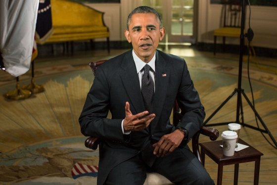 President Barack Obama tapes the Weekly Address in the Diplomatic Reception Room of the White House, May 15, 2015.