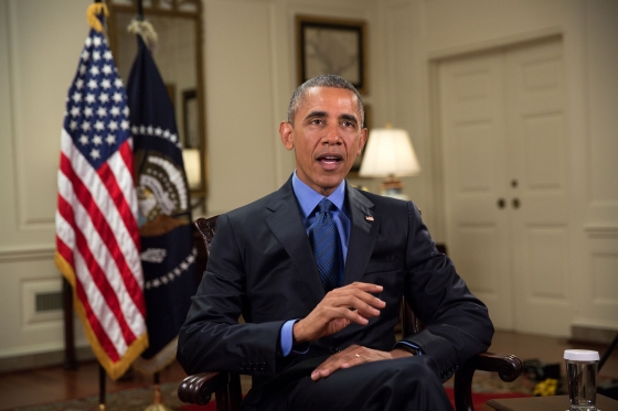 President Barack Obama tapes the Weekly Address in the Map Room of the White House, June 18, 2015