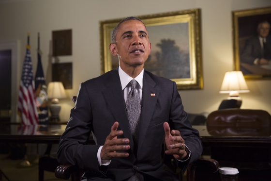 President Barack Obama tapes the Weekly Address in the Roosevelt Room of the White House, June 25, 2015
