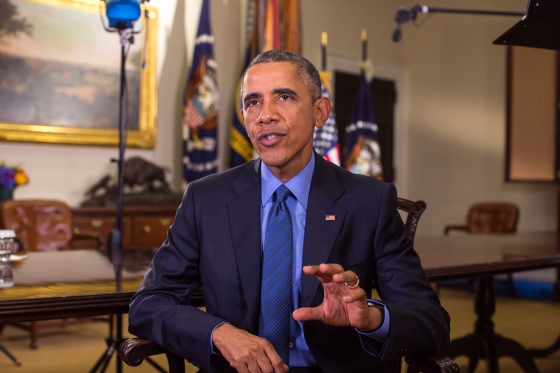 President Barack Obama tapes the Weekly Address in the Roosevelt Room of the White House, July 10, 2015