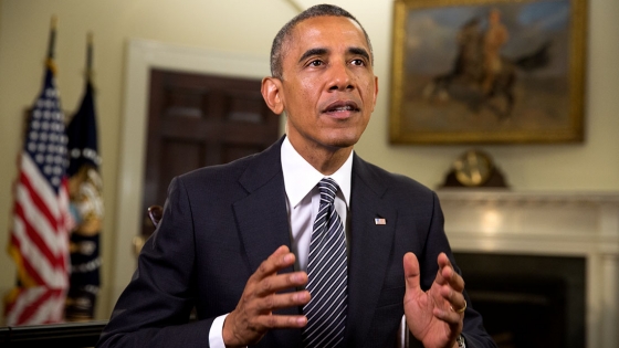 President Barack Obama tapes the Weekly Address in the Roosevelt Room of the White House, July 11, 2014.
