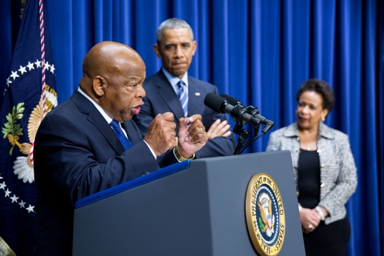 Rep. John Lewis introduces President Obama, with Attorney General Lynch, to commemorate the 50th anniversary of the Voting Rights Act