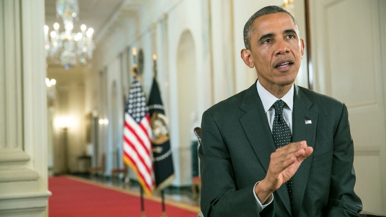 President Barack Obama tapes the Weekly Address in the State Dining Room of the White House, Aug. 8, 2014.